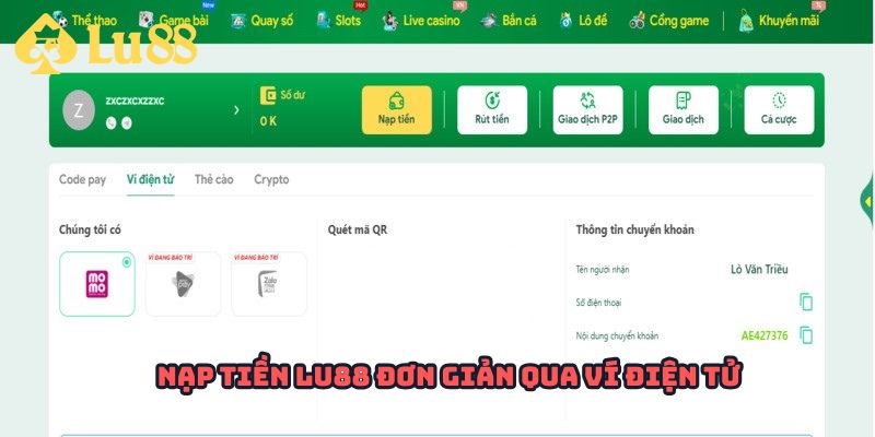Nạp tiền Lu88 đơn giản qua ví điện tử